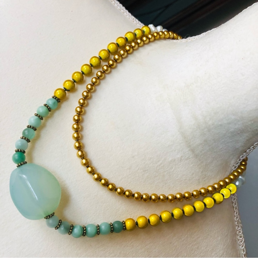Handcrafted repurpose double strand mixed bead stone Czech glass Pearl necklace